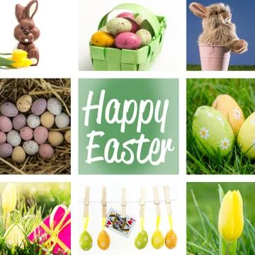 Composite image of speckled colourful easter eggs in a green wicker basket Stock Illustration