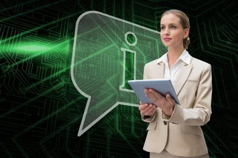 Composite image of speech bubble and businesswoman using tablet 스톡 일러스트