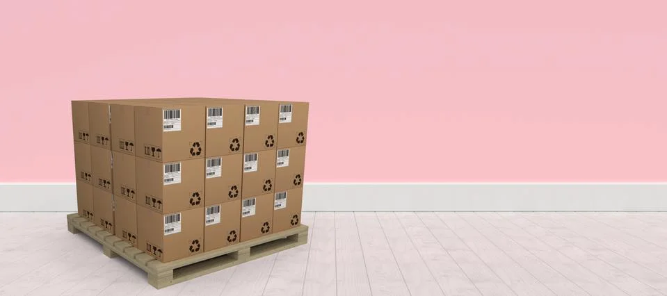 Composite image of stack of brown cardboard boxes arranged on wooden pallet Stock Illustration