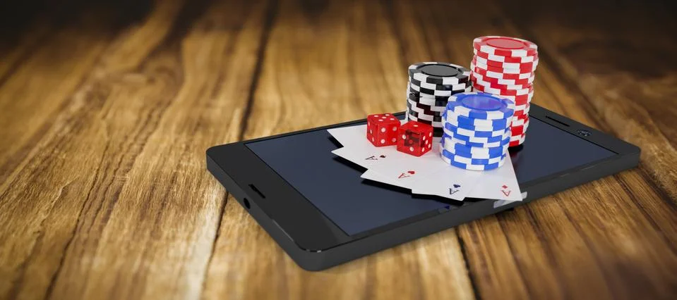 Composite image of stack of casino tokens with playing cards and dice on mobile Stock Illustration