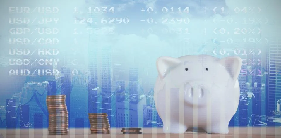 Composite image of stack of coin with piggy bank 스톡 일러스트