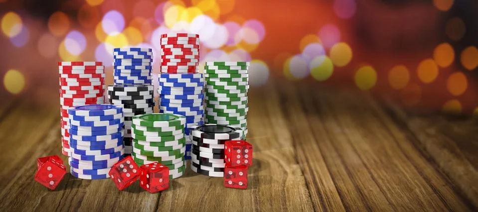 Composite image of stack of colorful casino tokens with dice Stock Illustration