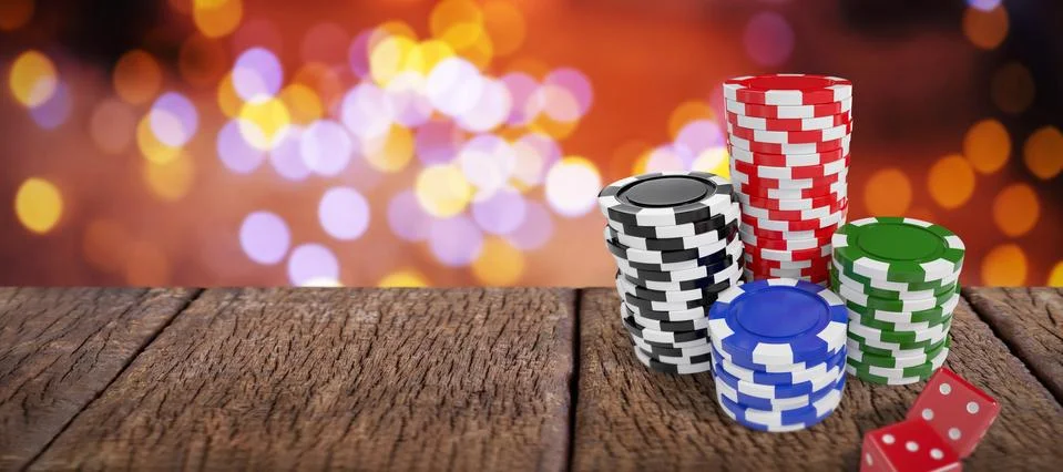 Composite image of stack of colorful casino tokens by red dice Stock Illustration