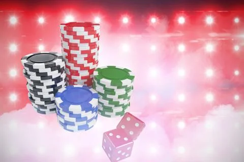 Composite image of stack of colorful casino tokens by dice 库存插图