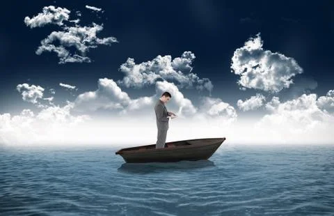 Composite image of standing businessman typing on his laptop in a sailboat Stock Illustration