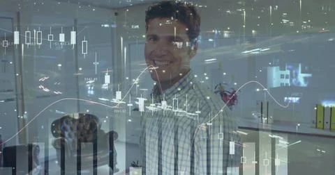 Composite image of statistical data processing against portrait of caucasian man 스톡 사진
