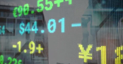 Composite image of stock market data processing against tall buildings in Illustrazione stock