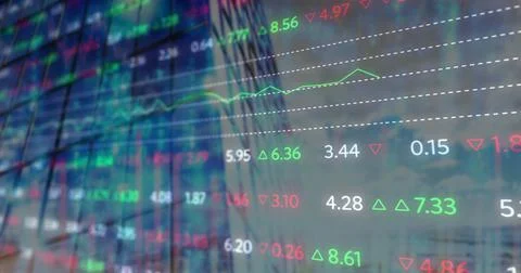 Composite image of stock market data processing against tall buildings in Stock Illustration