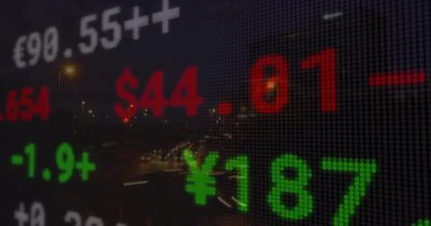 Composite image of stock market data processing against city traffic at night Stockillustratie