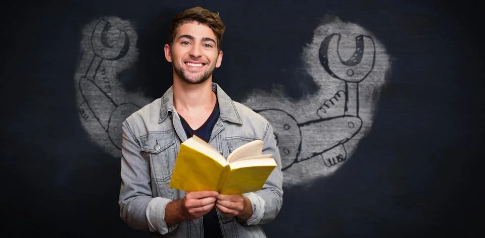Composite image of student smiling at camera in library Stock Photos