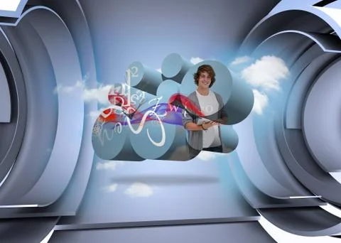Composite image of student with tablet on abstract screen Illustrazione stock