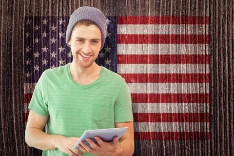 Composite image of student using tablet 스톡 사진