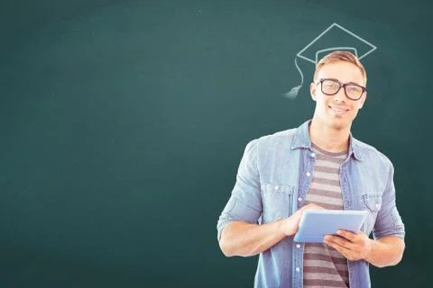 Composite image of student using tablet 스톡 사진
