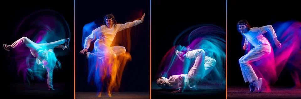 Composite image with stylish man dancing hip-hop, breakdance in white clothes on Stock Photos