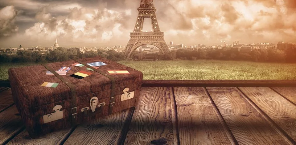 Composite image of suitcase with stickers Illustrazione stock