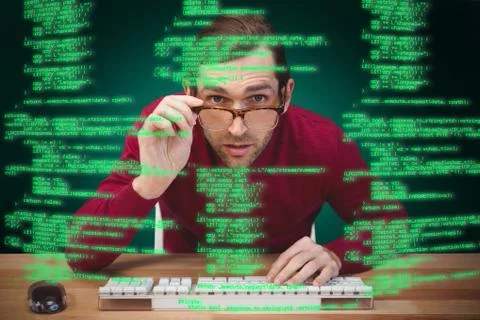 Composite image of surprised creative businessman working at desk Stock Photos