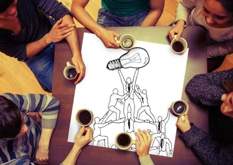 Composite image of team holding up light bulb on page Stock Illustration