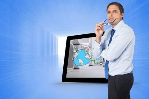 Composite image of thinking businessman biting glasses Illustrazione stock