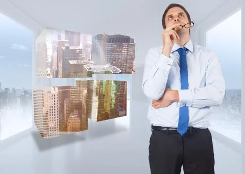 Composite image of thinking businessman biting glasses 스톡 일러스트