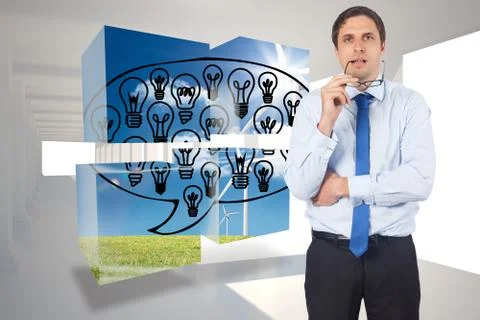 Composite image of thinking businessman biting glasses 스톡 일러스트