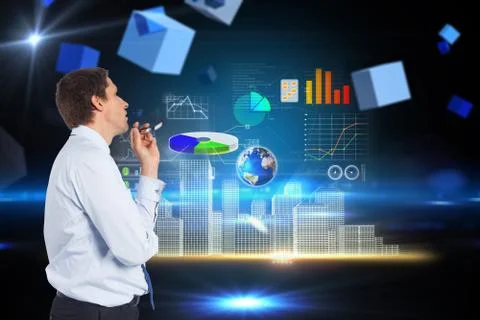 Composite image of thinking businessman biting glasses 스톡 일러스트