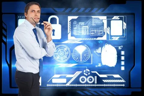 Composite image of thinking businessman biting glasses Stock Illustration