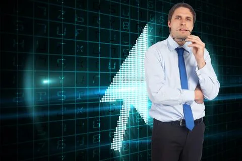 Composite image of thinking businessman biting glasses 스톡 일러스트
