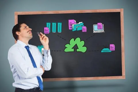 Composite image of thinking businessman biting glasses Ilustración de archivo