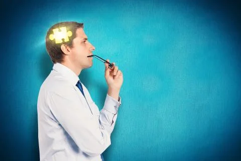 Composite image of thinking businessman biting glasses 库存插图