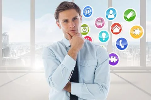 Composite image of thinking businessman with hand on chin 스톡 일러스트