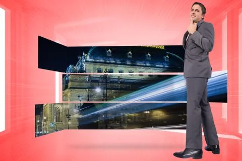 Composite image of thinking businessman with hand on chin 스톡 일러스트