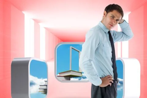 Composite image of thinking businessman with hand on head 스톡 일러스트