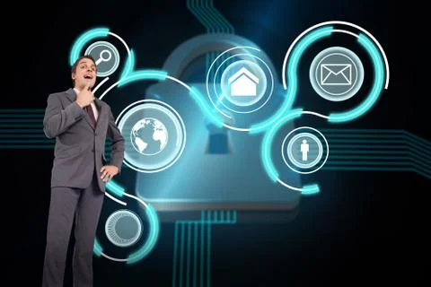 Composite image of thinking businessman with hand on chin Illustrazione stock