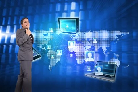 Composite image of thinking businessman with hand on chin Illustrazione stock