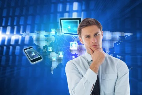 Composite image of thinking businessman with hand on chin Stockillustratie