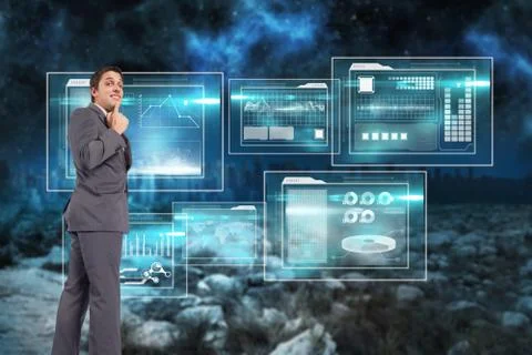 Composite image of thinking businessman with hand on chin Ilustración de archivo