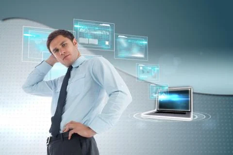 Composite image of thinking businessman with hand on head Stock Illustration