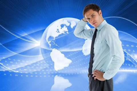 Composite image of thinking businessman with hand on head 库存插图