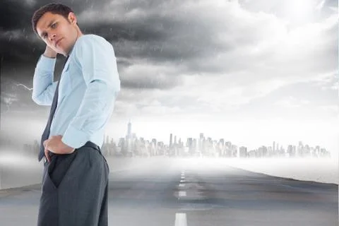 Composite image of thinking businessman with hand on head Stock Illustration