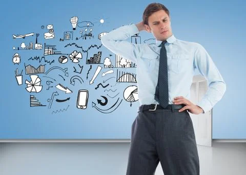 Composite image of thinking businessman with hand on head Illustrazione stock