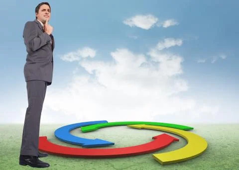Composite image of thinking businessman with hand on chin 스톡 일러스트