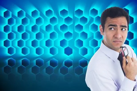 Composite image of thinking businessman holding glasses 스톡 일러스트