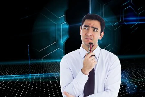 Composite image of thinking businessman holding glasses Illustrazione stock