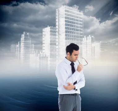 Composite image of thinking businessman holding glasses Stock Illustration