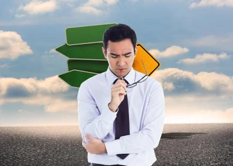 Composite image of thinking businessman holding glasses 스톡 일러스트