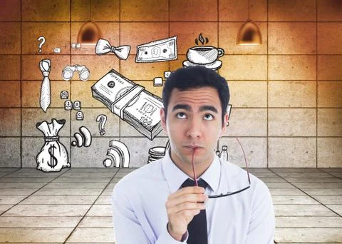 Composite image of thinking businessman holding glasses Illustrazione stock