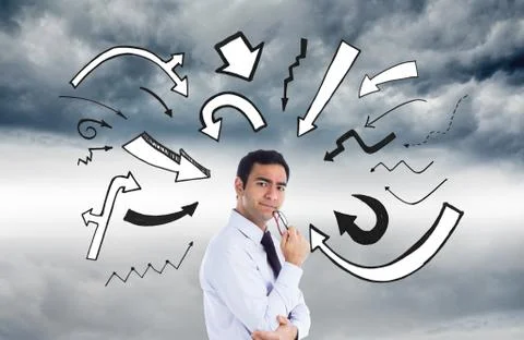 Composite image of thinking businessman holding glasses Illustrazione stock