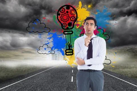 Composite image of thinking businessman holding glasses 스톡 일러스트