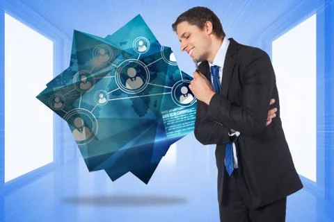 Composite image of thinking businessman holding pen 스톡 일러스트