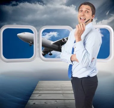 Composite image of thinking businessman holding pen Stock Illustration